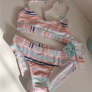 Roxy Pink and Blue Bikini Set with Geometric Stripes